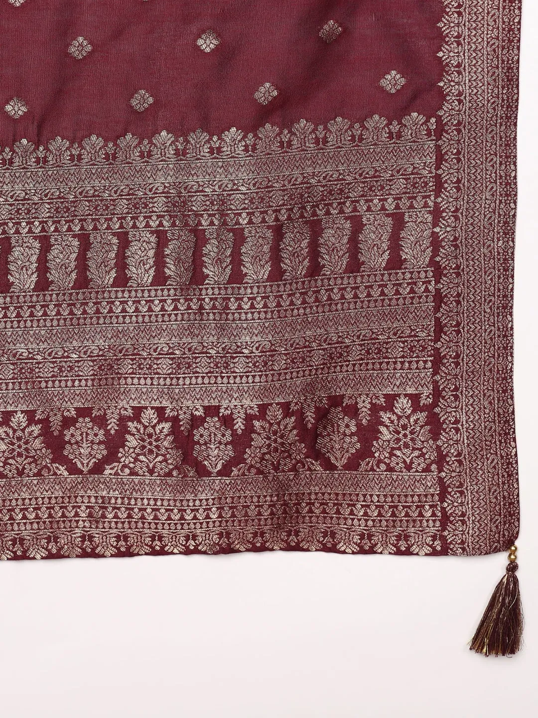Women Maroon Chanderi Cotton Solid Woven Design Straight Kurta Trouser With Dupatta