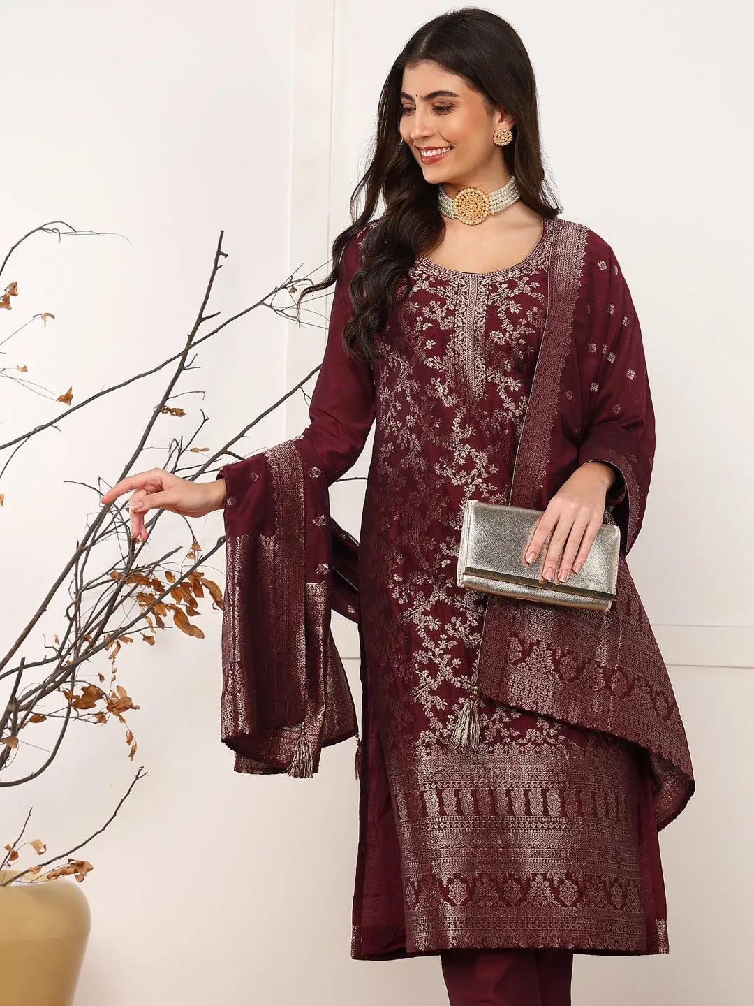Women Maroon Chanderi Cotton Solid Woven Design Straight Kurta Trouser With Dupatta