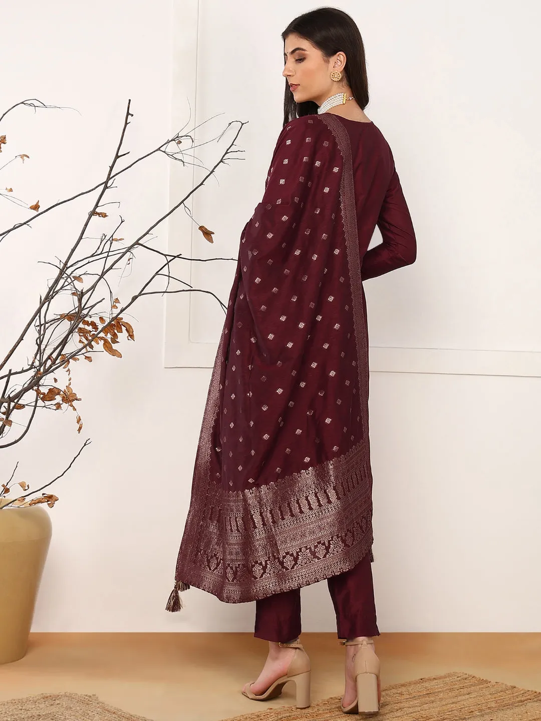 Women Maroon Chanderi Cotton Solid Woven Design Straight Kurta Trouser With Dupatta