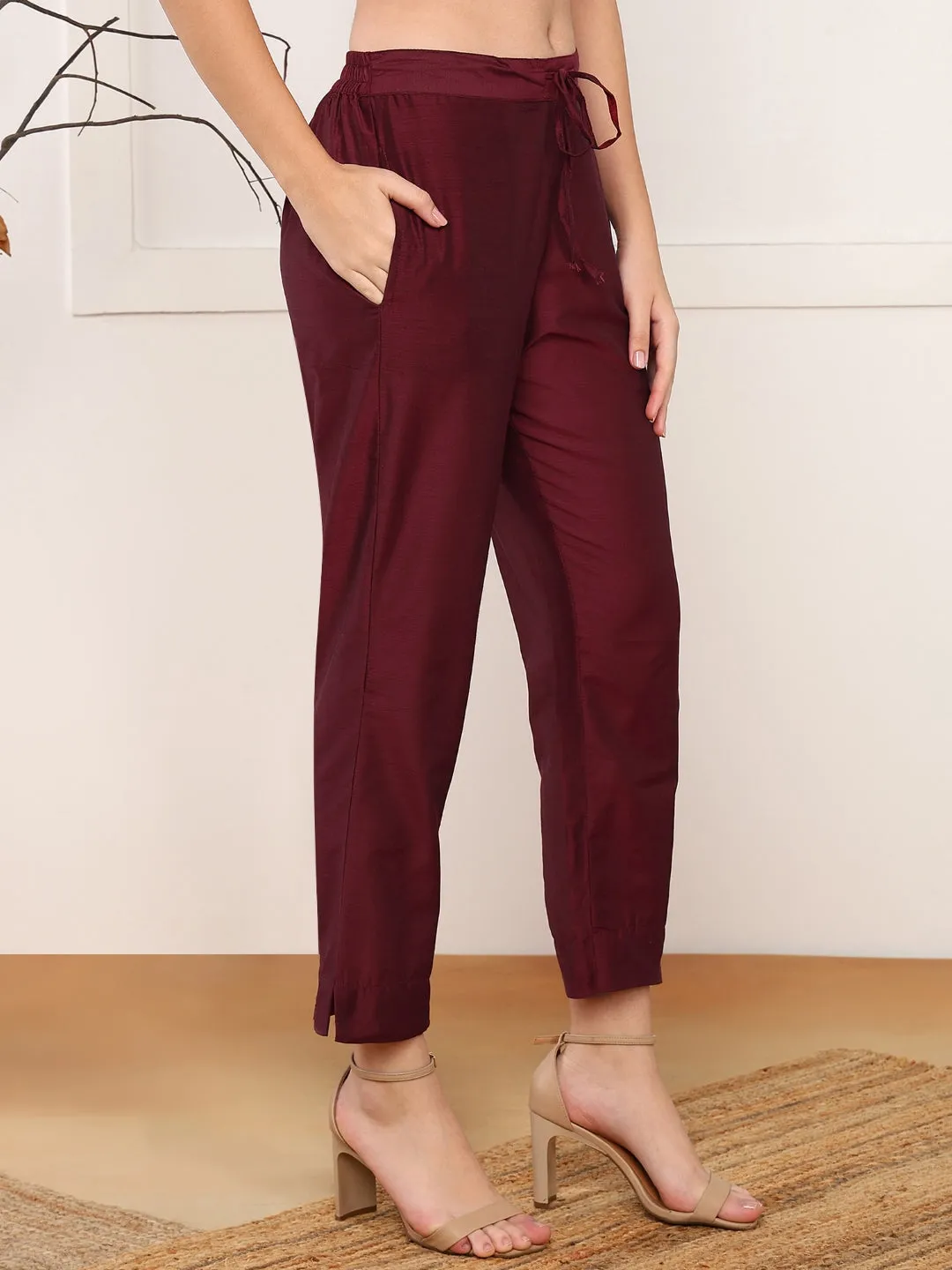 Women Maroon Chanderi Cotton Solid Woven Design Straight Kurta Trouser With Dupatta