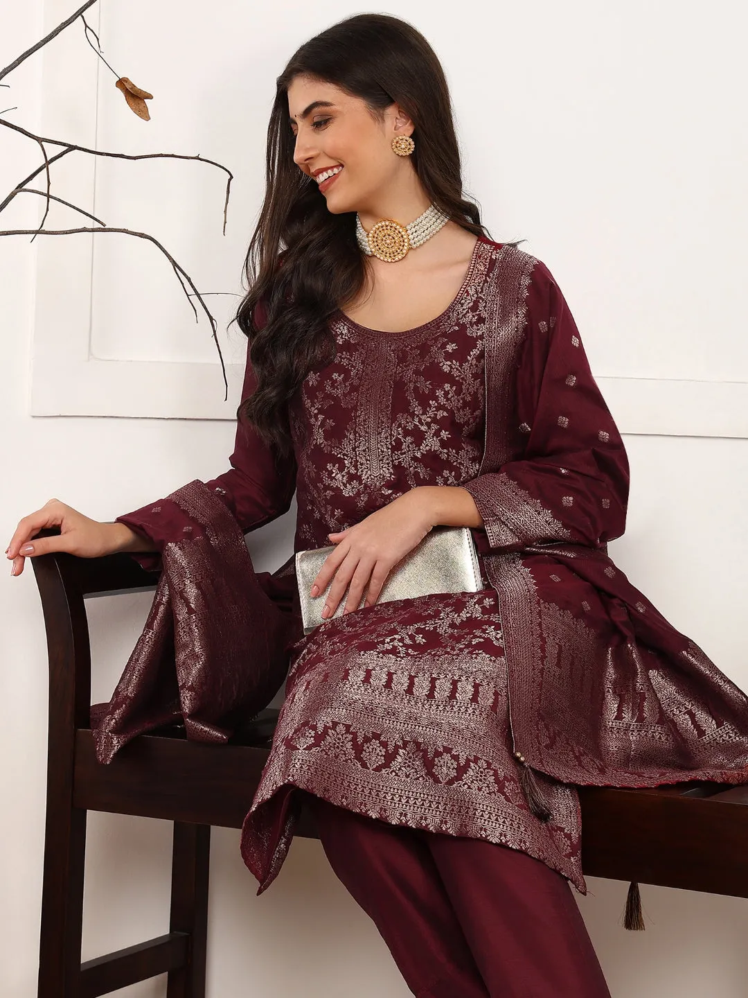 Women Maroon Chanderi Cotton Solid Woven Design Straight Kurta Trouser With Dupatta
