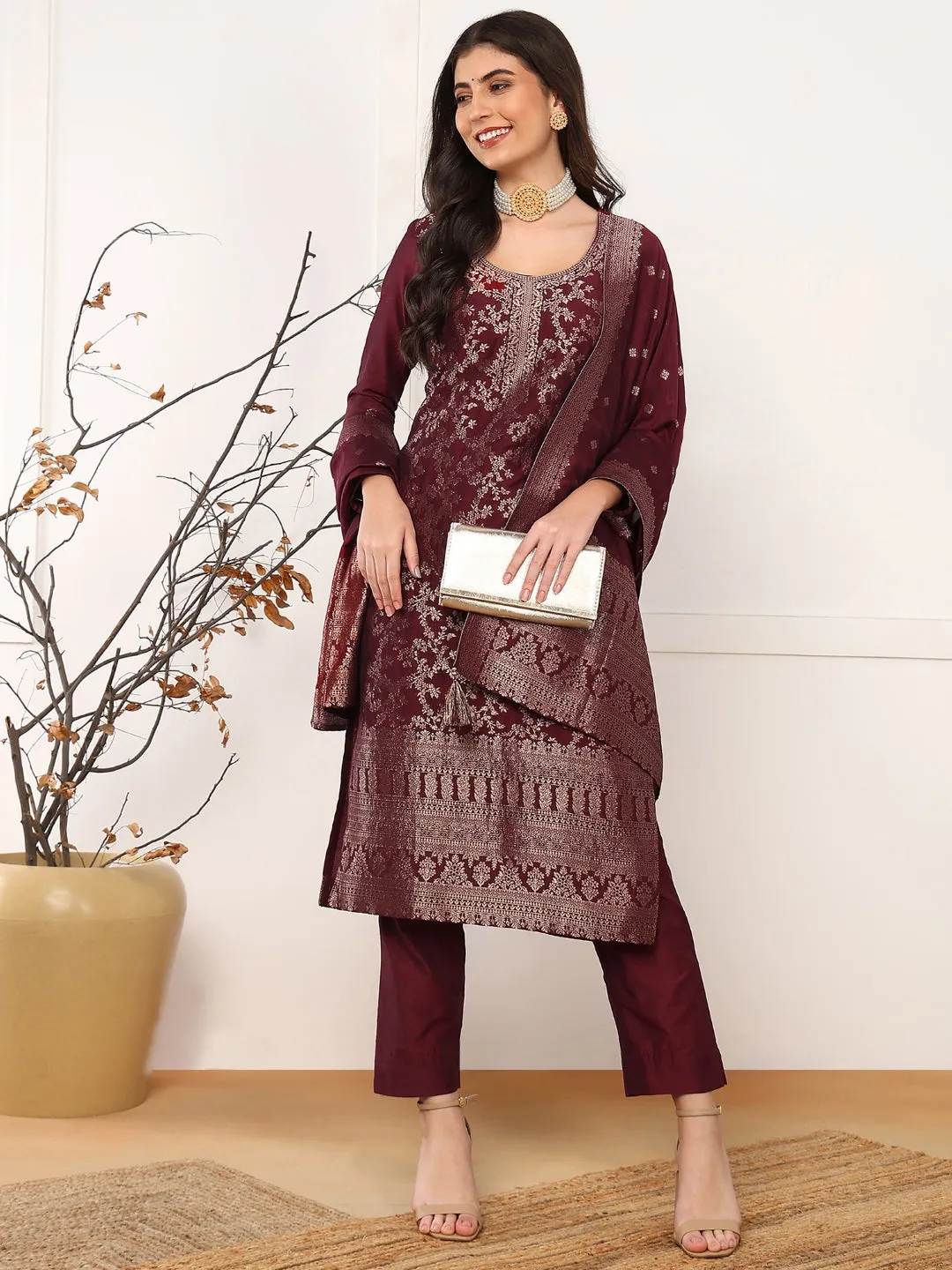 Women Maroon Chanderi Cotton Solid Woven Design Straight Kurta Trouser With Dupatta