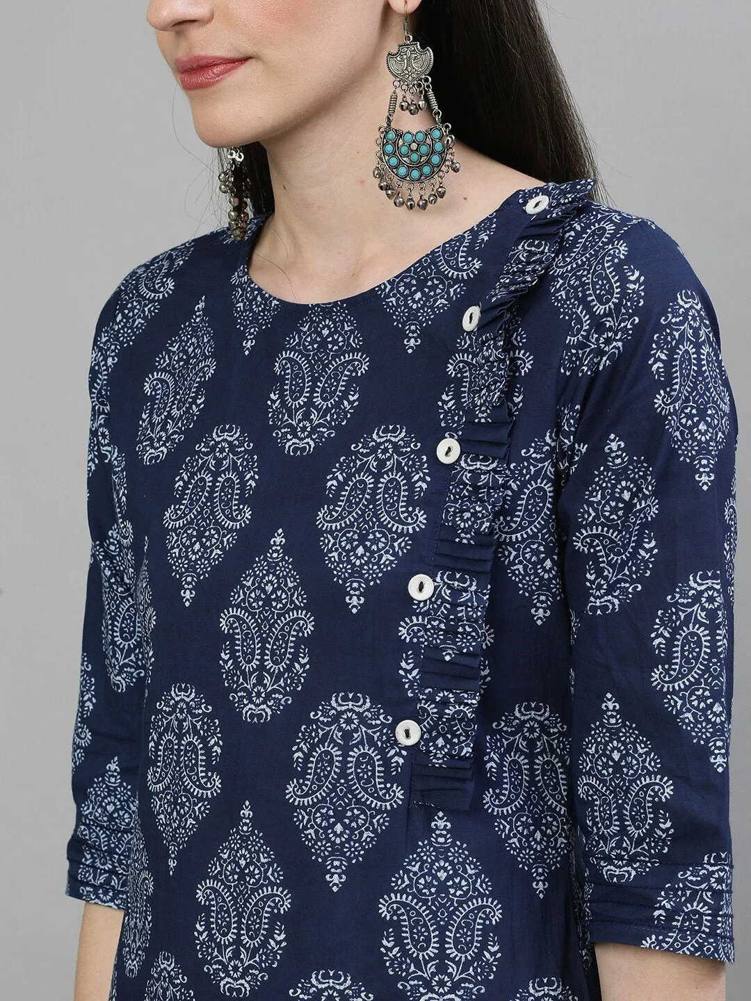 Women Navy Blue & White Printed Straight Kurta