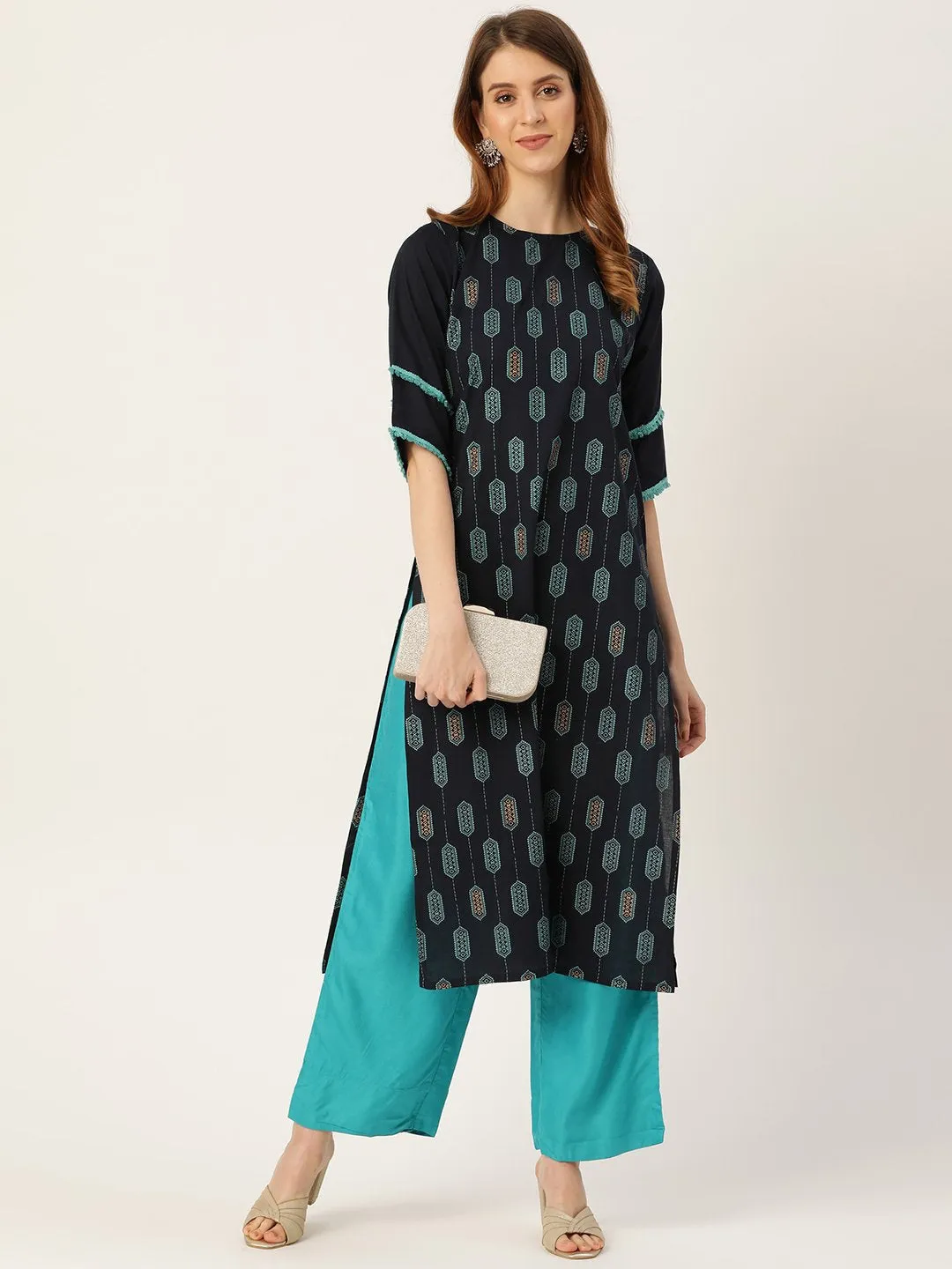 Women Navy Blue Calf Length Three-Quarter Sleeves Straight Ethnic Motifs Printed Cotton Kurta