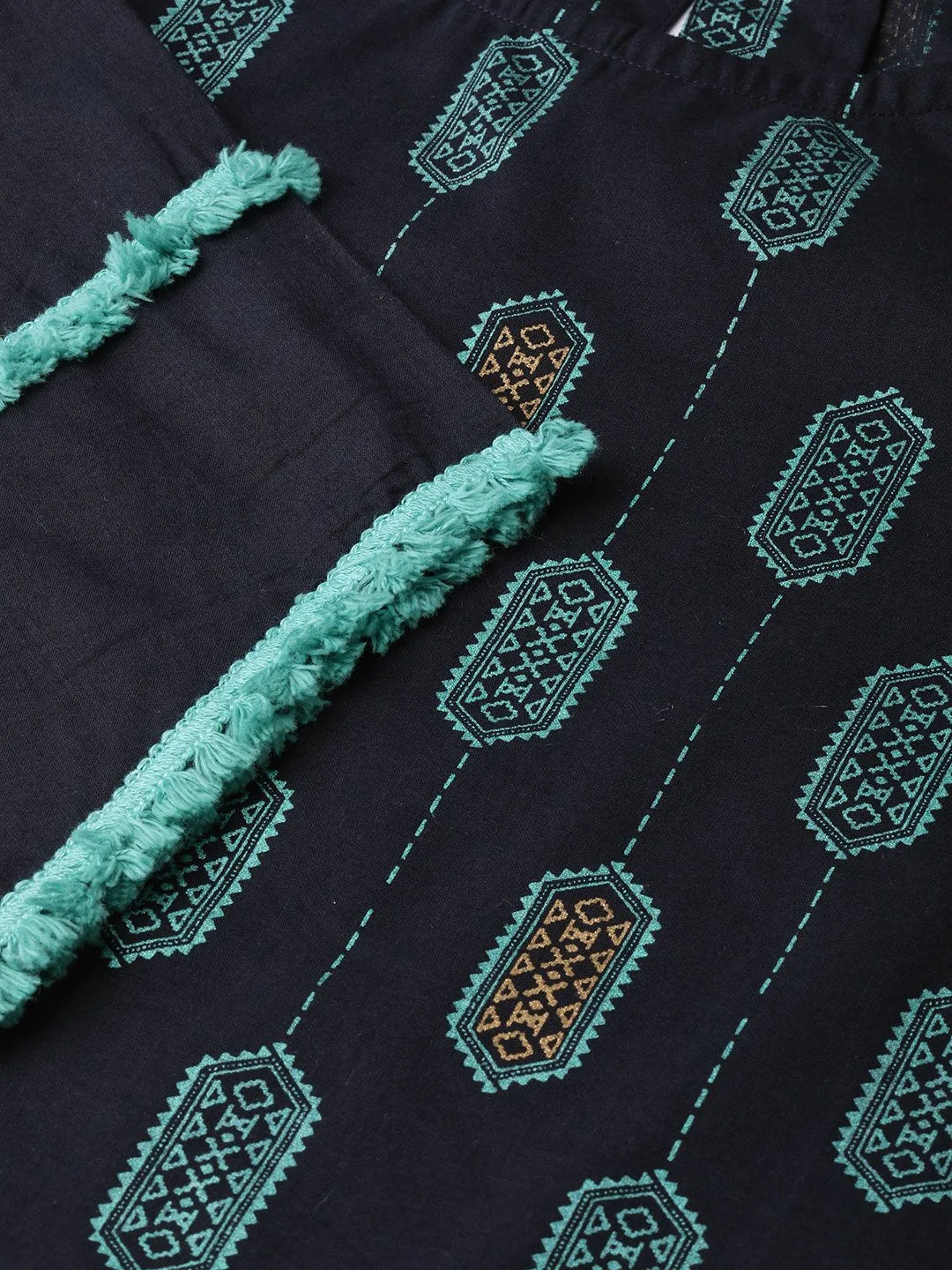 Women Navy Blue Calf Length Three-Quarter Sleeves Straight Ethnic Motifs Printed Cotton Kurta