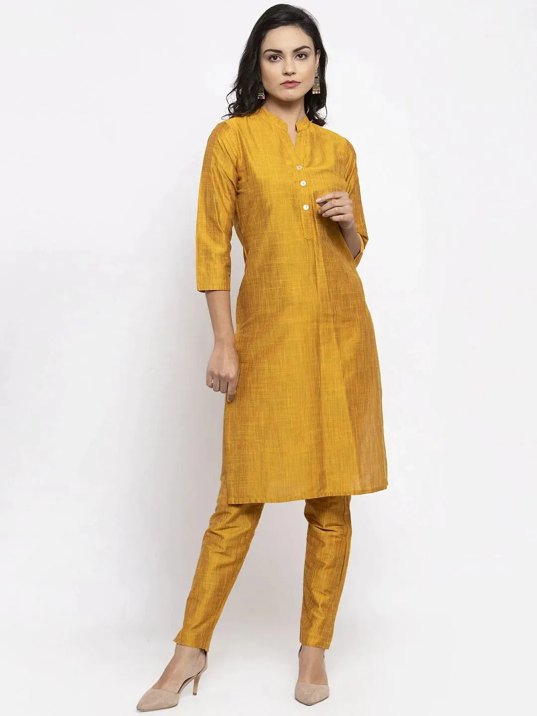 Women Yellow Self-Striped Kurta With Trousers & Floral Gorgette Dupatta