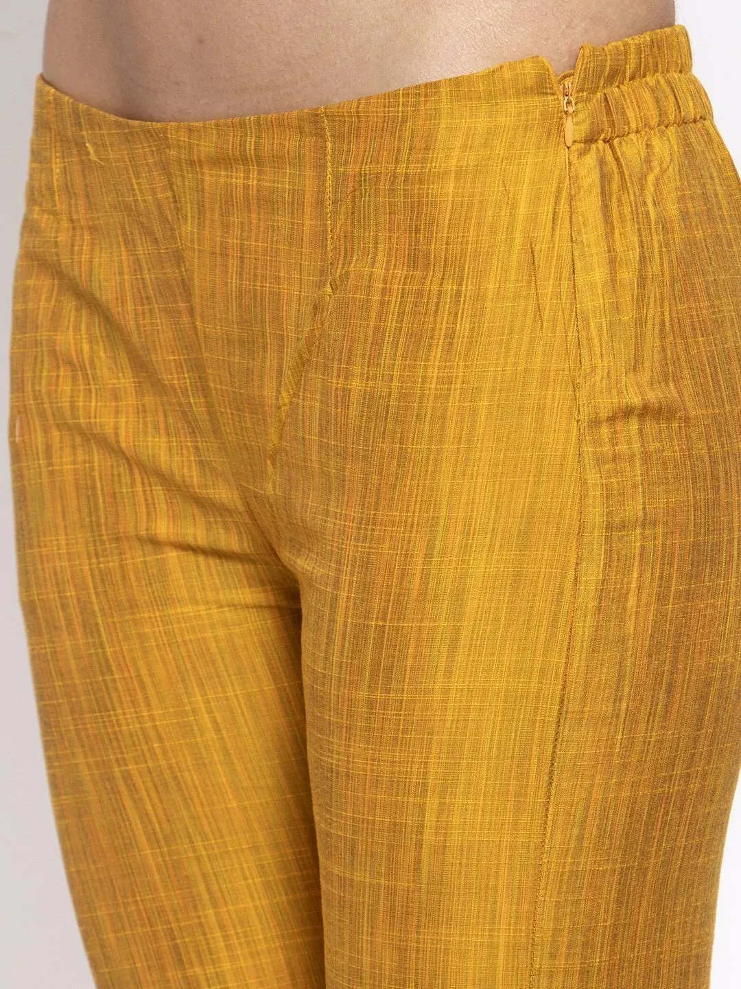 Women Yellow Self-Striped Kurta With Trousers & Floral Gorgette Dupatta