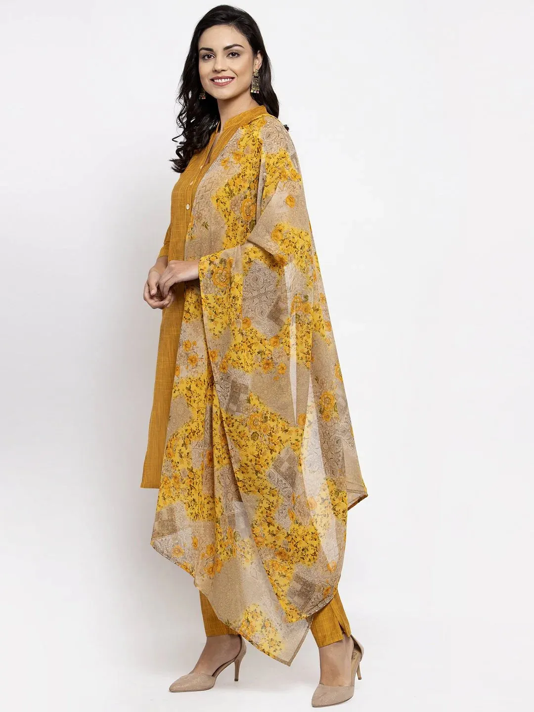 Women Yellow Self-Striped Kurta With Trousers & Floral Gorgette Dupatta