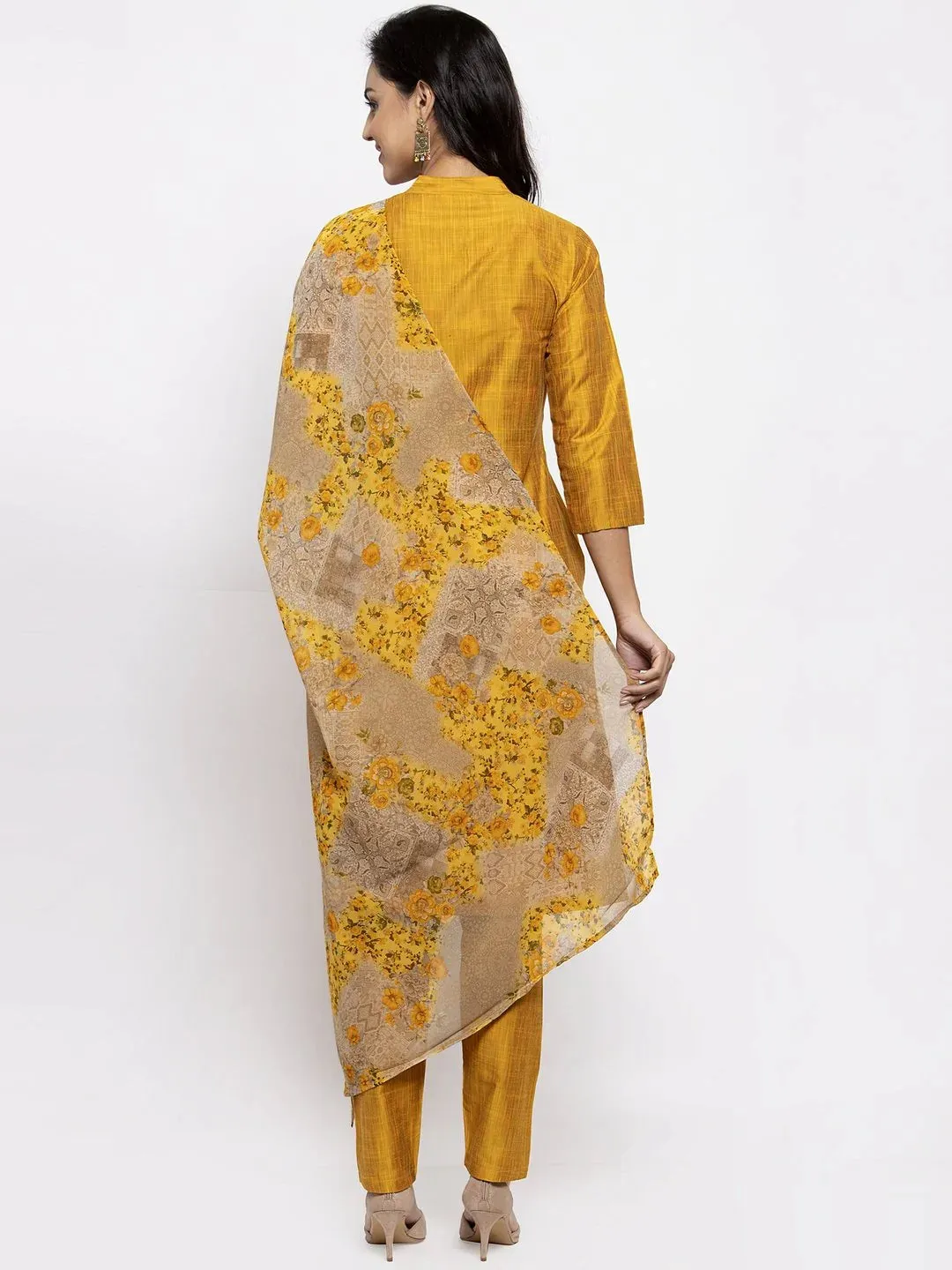 Women Yellow Self-Striped Kurta With Trousers & Floral Gorgette Dupatta