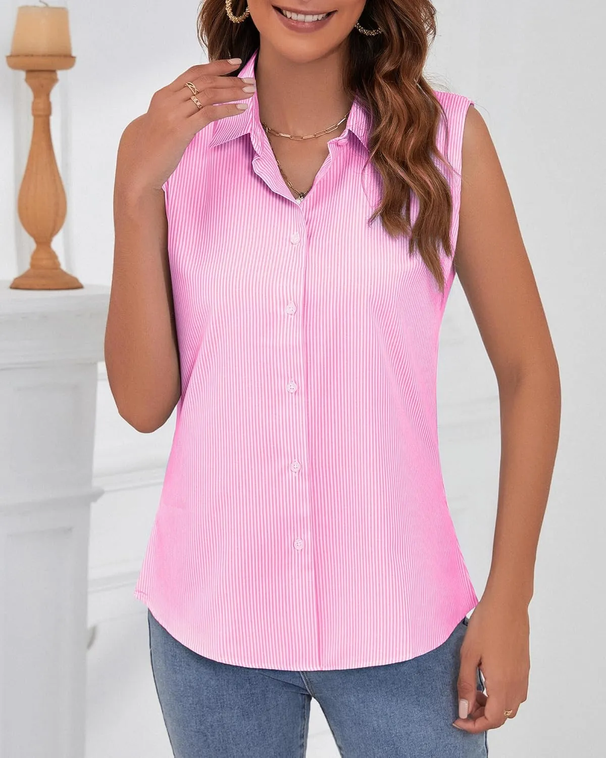 Wrinkle Free Womens Sleeveless Button Down Shirts for Women Stretch Business Office Formal Work Blouses Tops