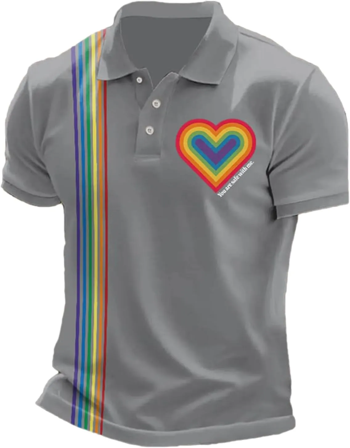 You are Safe with Me Polo Shirt Men Rainbow Heart Shape Gay Pride LGBTQ Equality Human Rights T-Shirt