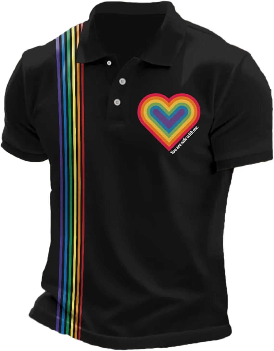 You are Safe with Me Polo Shirt Men Rainbow Heart Shape Gay Pride LGBTQ Equality Human Rights T-Shirt