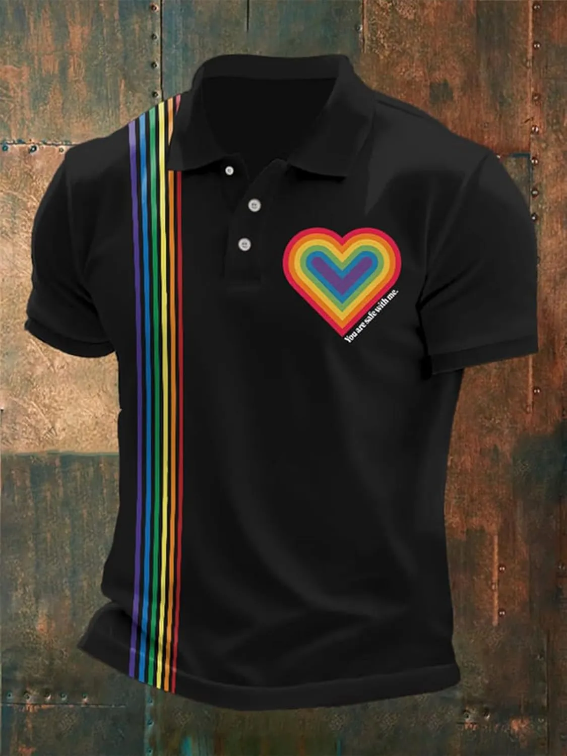 You are Safe with Me Polo Shirt Men Rainbow Heart Shape Gay Pride LGBTQ Equality Human Rights T-Shirt
