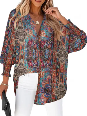 Zeagoo Womens Button Down Shirts Loose Fit Striped Printed Lantern Long Sleeve Blouses Smocked Cuff Business Work Fall Tops