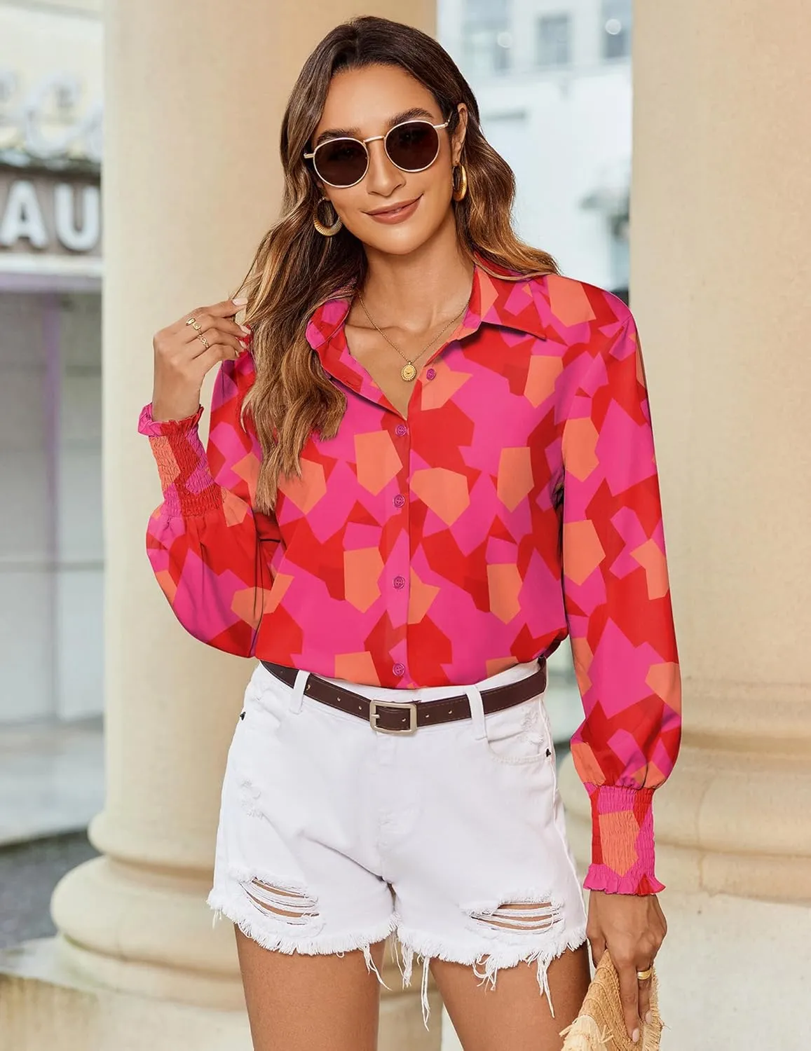 Zeagoo Womens Button Down Shirts Loose Fit Striped Printed Lantern Long Sleeve Blouses Smocked Cuff Business Work Fall Tops