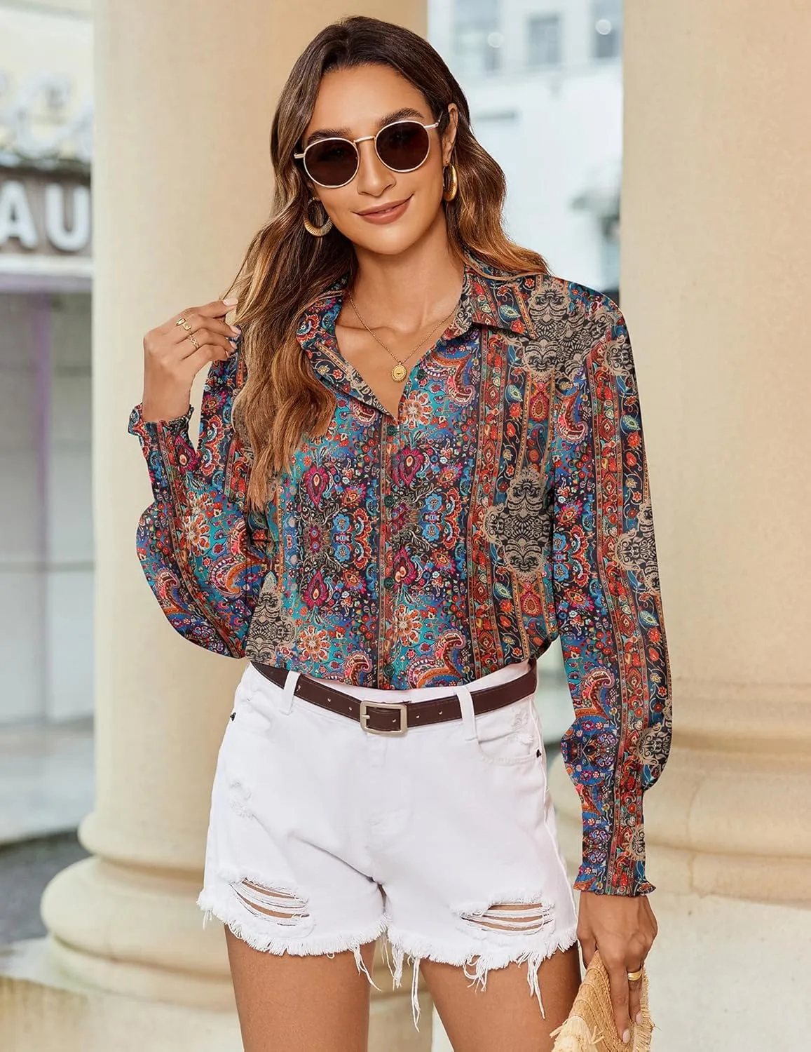 Zeagoo Womens Button Down Shirts Loose Fit Striped Printed Lantern Long Sleeve Blouses Smocked Cuff Business Work Fall Tops