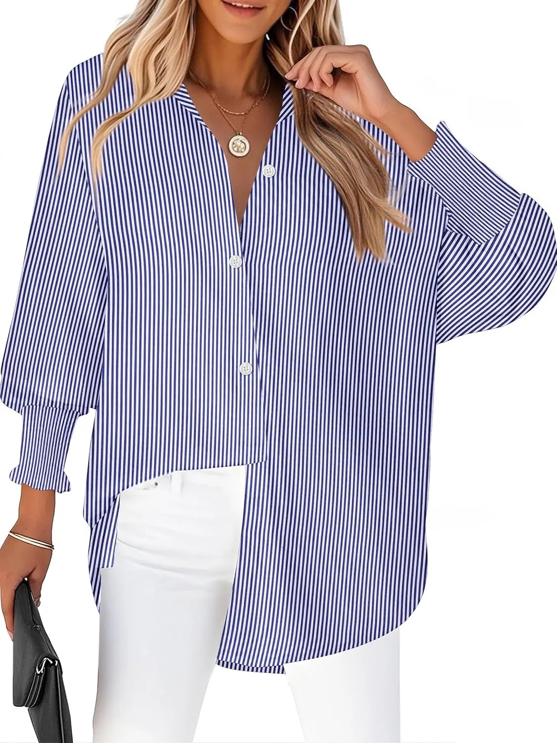 Zeagoo Womens Button Down Shirts Loose Fit Striped Printed Lantern Long Sleeve Blouses Smocked Cuff Business Work Fall Tops