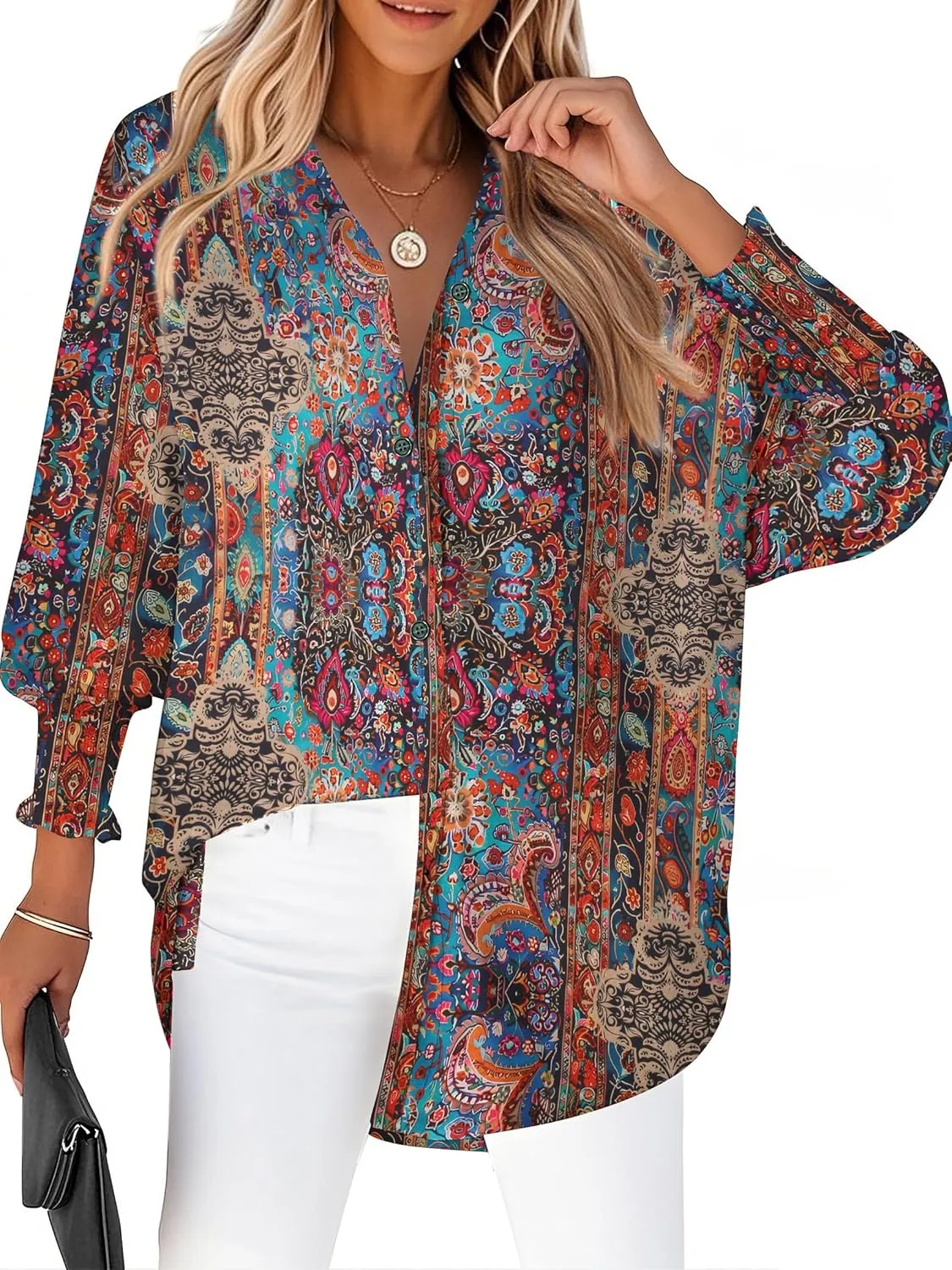 Zeagoo Womens Button Down Shirts Loose Fit Striped Printed Lantern Long Sleeve Blouses Smocked Cuff Business Work Fall Tops