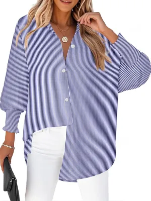 Zeagoo Womens Button Down Shirts Loose Fit Striped Printed Lantern Long Sleeve Blouses Smocked Cuff Business Work Fall Tops
