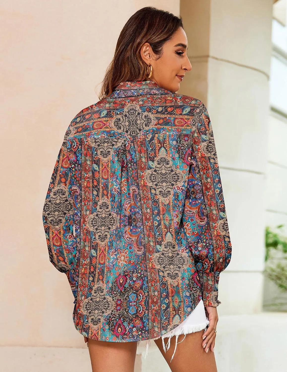Zeagoo Womens Button Down Shirts Loose Fit Striped Printed Lantern Long Sleeve Blouses Smocked Cuff Business Work Fall Tops