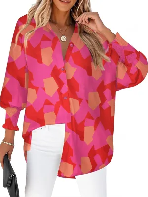 Zeagoo Womens Button Down Shirts Loose Fit Striped Printed Lantern Long Sleeve Blouses Smocked Cuff Business Work Fall Tops
