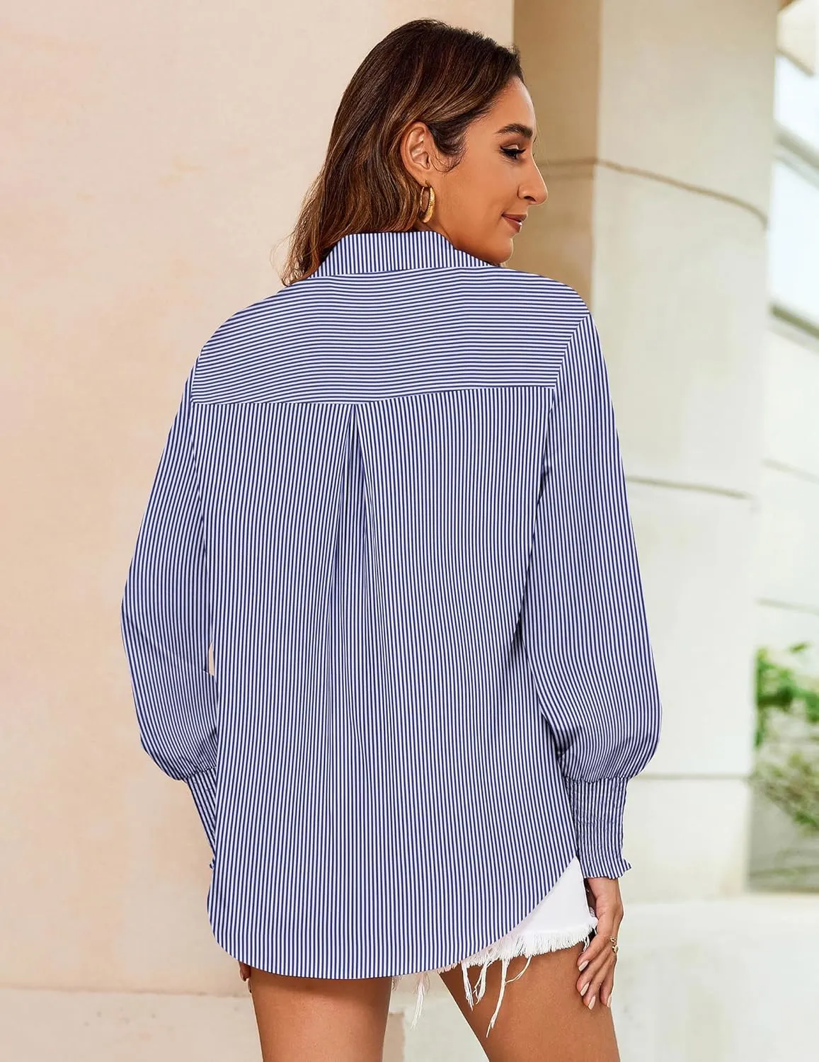Zeagoo Womens Button Down Shirts Loose Fit Striped Printed Lantern Long Sleeve Blouses Smocked Cuff Business Work Fall Tops